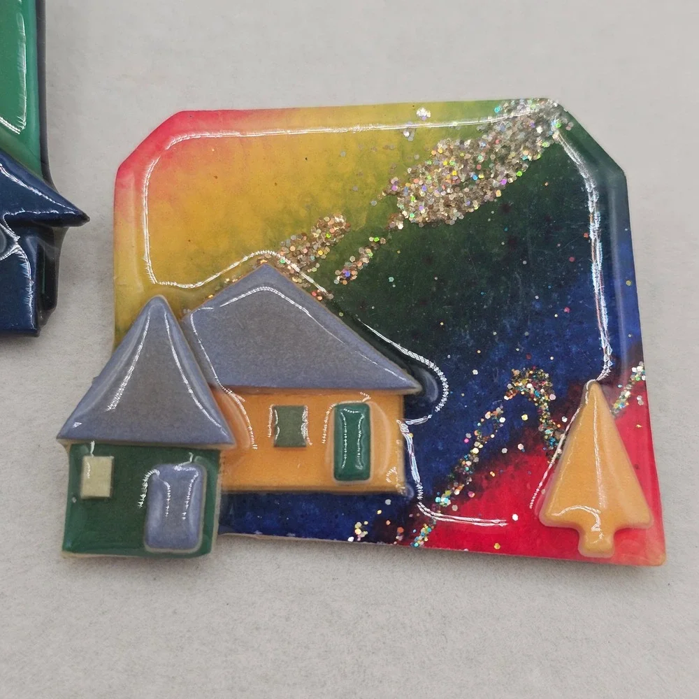 Vintage House Pins by Lucinda Resin Rainbow Night Landscape Glitter Brooch Set